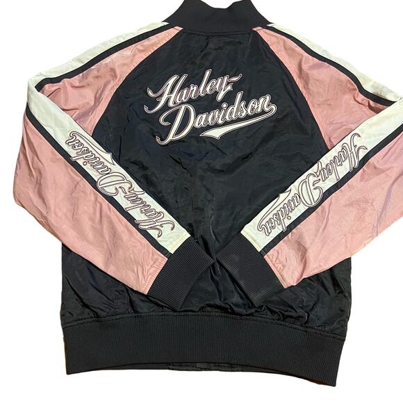 Harley Davidson Motocycles Women’s Full Zip Jacket Size Large Pink White Biker - Picture 2 of 9